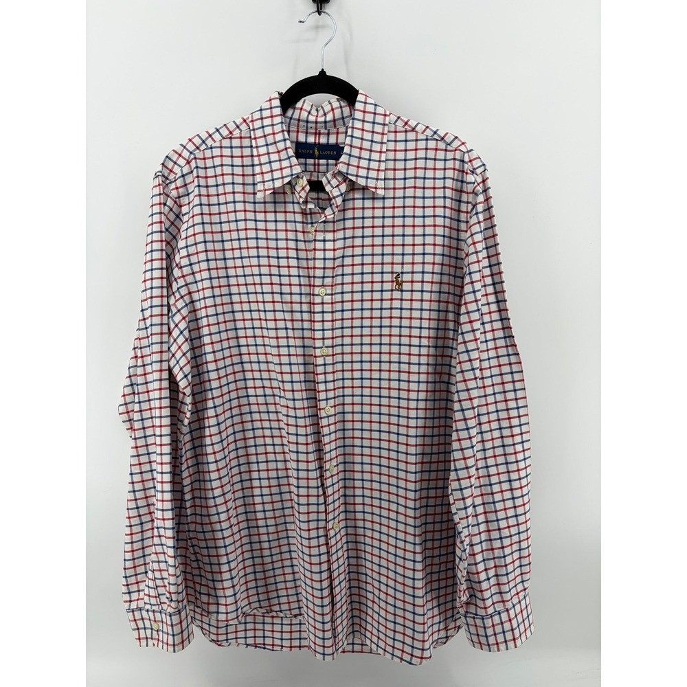 Ralph Lauren, Men's Red/Blue/White Plaid Button Down LS Casual Shirt, Large